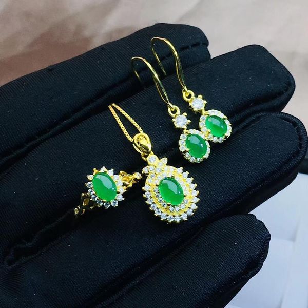 

green emerald gemstone ring earring and necklace jewelry set for women, Black