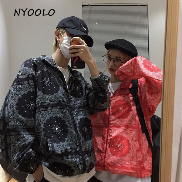

nyoolo harajuku style paisley letters embroidery coat loose streetwear long sleeve zipper jacket women men clothing outerwear, Black;brown