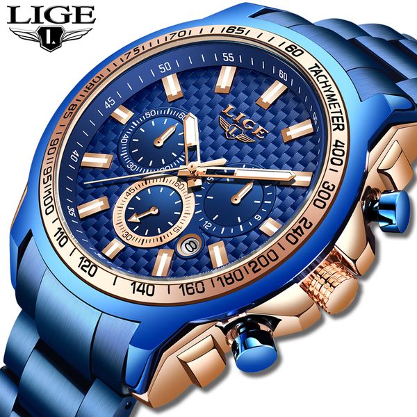 

lige 2019 new fashion blue watch,mens watches clock man chronograph quartz watch men relogio masculino, Slivery;brown
