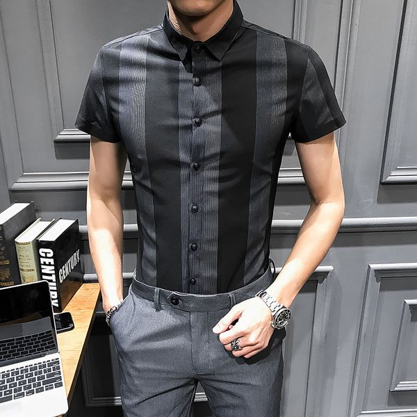 

2019 summer striped shirt blouse casual slim fit men shirt short sleeve shirts single breasted korean male business camisa, White;black