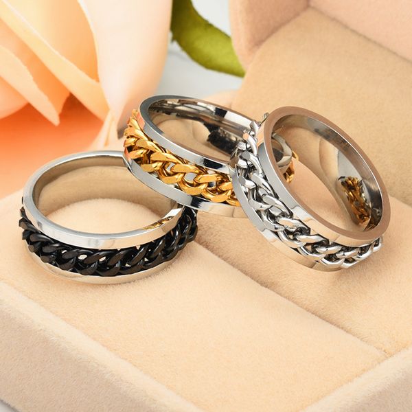 

rotatable chains rings stainless steel movable spin chain ring hip hop mens ring band ring fashion jewelry will and sandy gift, Silver