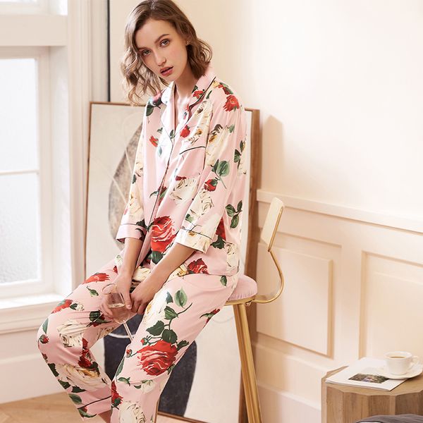 

jrmissli summer women sleepwear silk female suit rose print pyjamas women female pajama casual soft clothing +shorts, Blue;gray