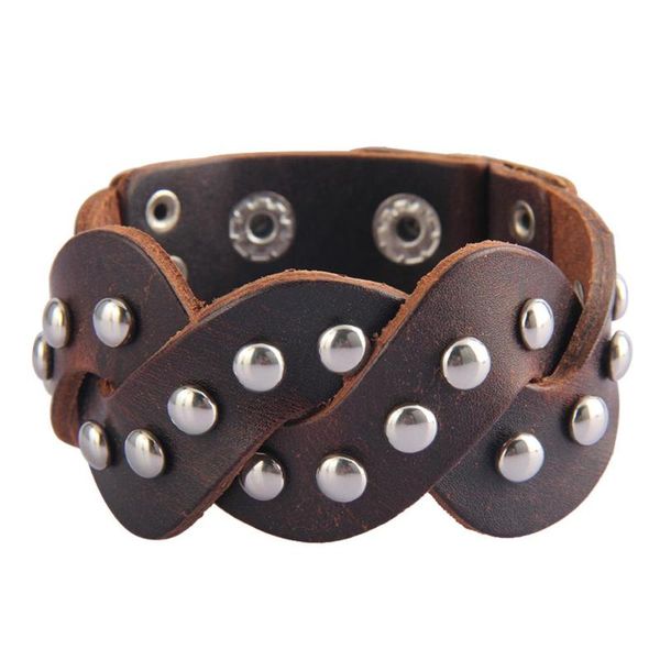 

exaggerated individual character originality two cowhide cross braided rivet alloy single coil leather bracelet, Golden;silver