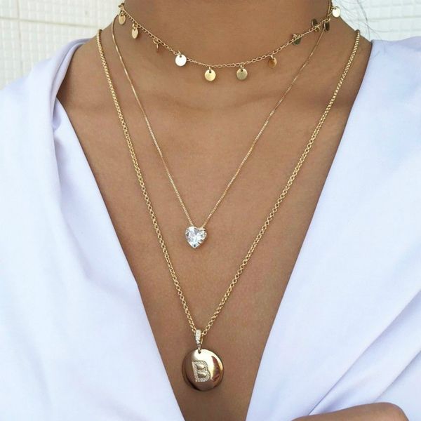 

women's new fashion fashion multi-layer round film love peach pendant necklace combination, Silver