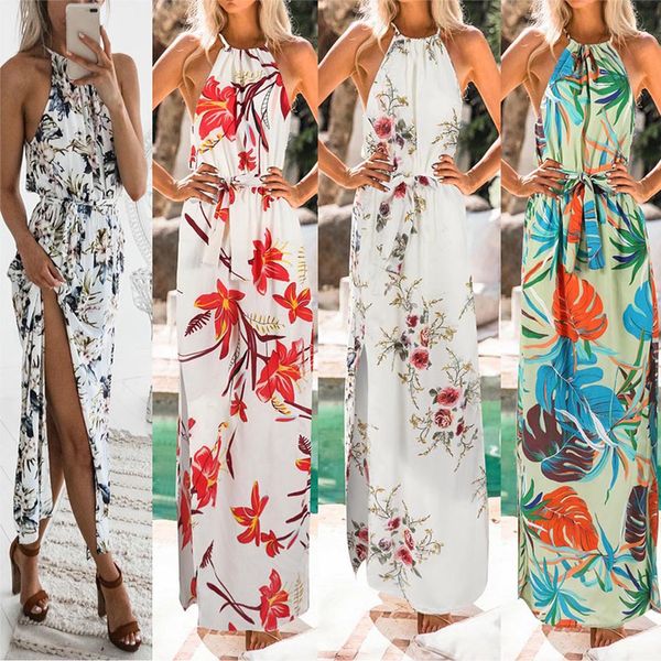 

women's dress 2019 fashion women print boho floral long maxi dress sleeveless evening party summer beach sundress o-neck #30, Black;gray
