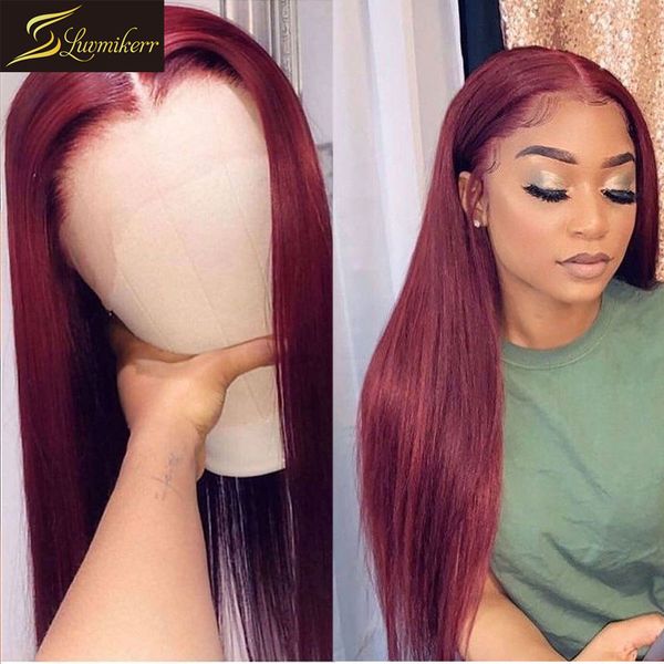 

peruvian 99j burgundy 250 density glueless 13Ã6 lace front human hair wigs for black women straight frontal wig natural hairline, Black;brown