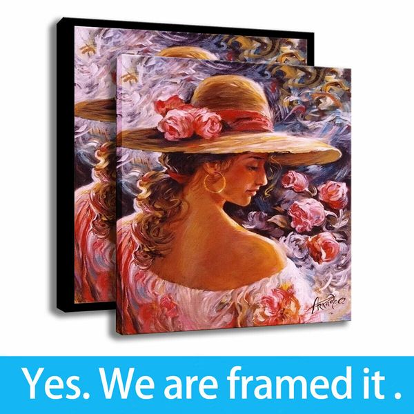 

hd print woman oil painting pink rose wall art porch decor canvas framed art - ready to hang - support customization