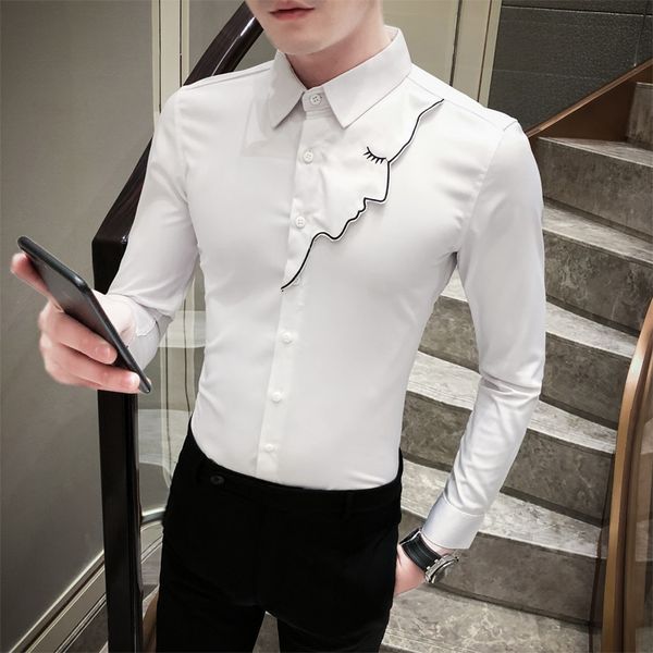 

man's shirt fashion england style smart casual social dress patch work black long sleeve slim fit 3xl men shirts, White;black