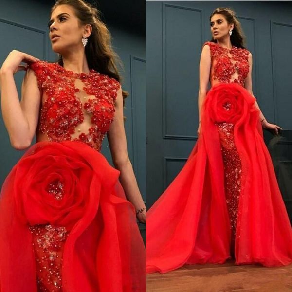 

yousef aljasmi mermaid evening dresses lace sequined beaded prom gowns jewel detachable train plus size special occasion dress, Black;red