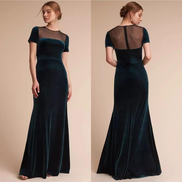 

2019 elegant dark green mermaid evening dresses crew neck short sleeves velvet prom evening dress maid of honor bridesmaid dress bc0947