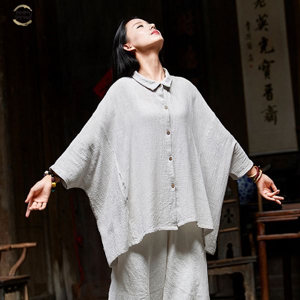 

women cotton linen shirts blouses 2019 summer new turn down collar bat sleeve v neck plus size women clothes brief shirt, White