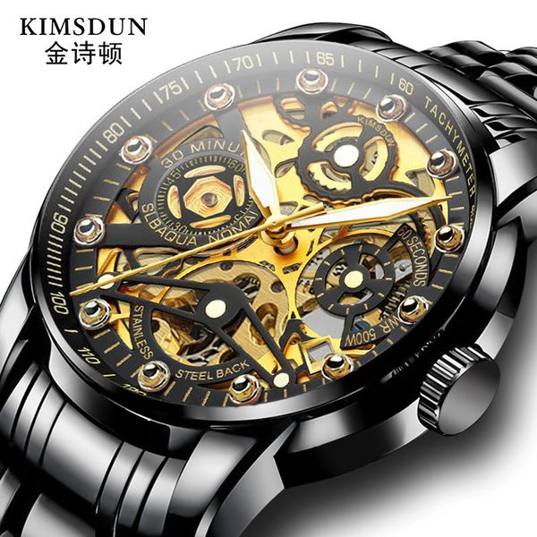 

kimsdun golden skeleton automatic mechanical mens watches stainless steel band waterproof men watch relogio masculino, Slivery;brown