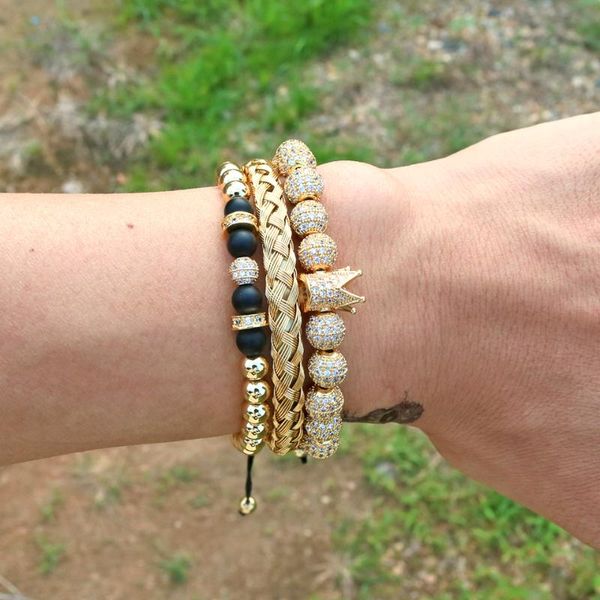 

3pcs/set luxury gold color charm bracelets & bangles stainless steel bracelet for men man jewelry braiding beads crown bracelet, Golden;silver