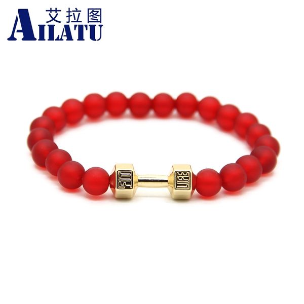 

ailatu 10 piece 8mm red color matte glass beads alloy metal dumbbell bracelet new design men energy barbell jewelry, Golden;silver