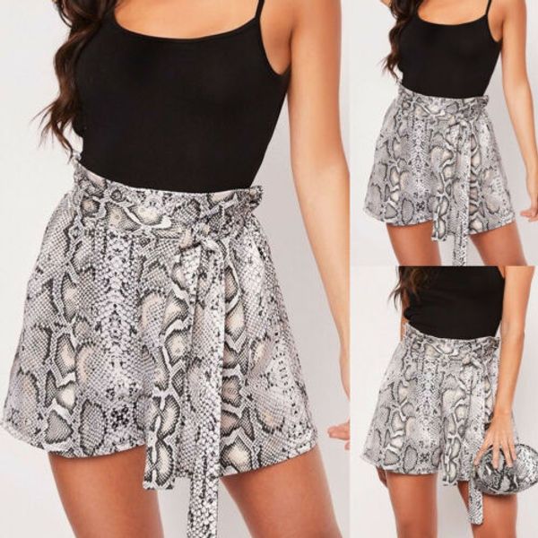 

new women snakeskin print summer casual lace up loose shorts beach high waist short trousers, White;black