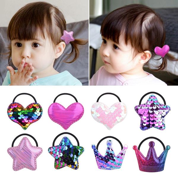 

1pcs shining sequin crown star hair rope elastic scrunchie hair tie peach heart hairbands for girl childrents2001, Slivery;white