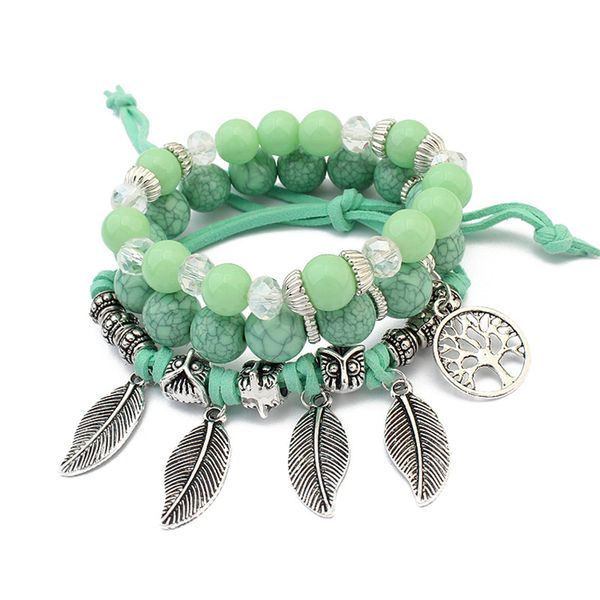 

3pcs/1set bohemian style life of tree leave charm beads bracelets for women boho multilayer crystal seed bead bracelet jewelry, Black