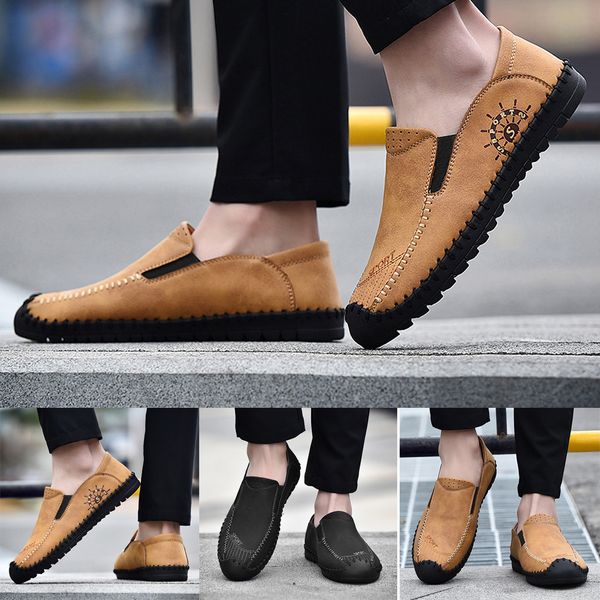

spadrille homme 2019 men solid color round toe sewing flat heel shallow mouth leather shoes zapatillas hombre, Black