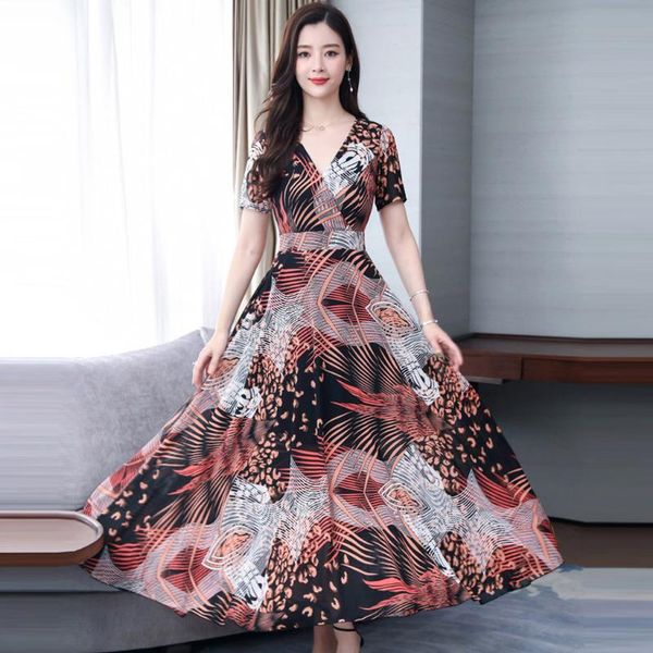 

fashion summer dresses casual women v-neck short sleeve long dress printed high waist slim a-line elegant dresses ropa mujer