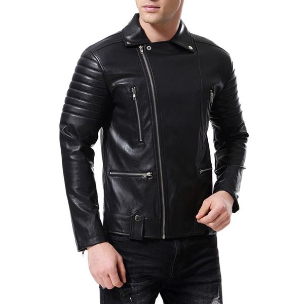 

2019 autumn new style men's wear locomotive multi-zipper leather coat motorcycle sportsman leather coat jacket b003, Black