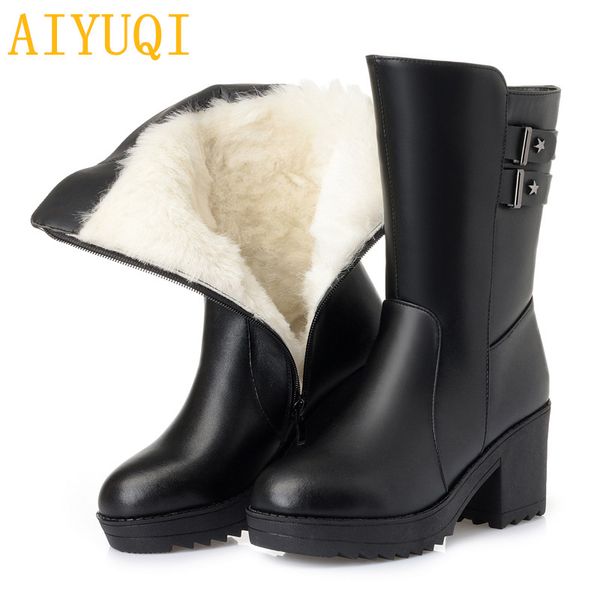 

aiyuqi women boots 2018 new genuine leather female winter boots, high heel wool thick warm female snow boots fashion women shoes, Black