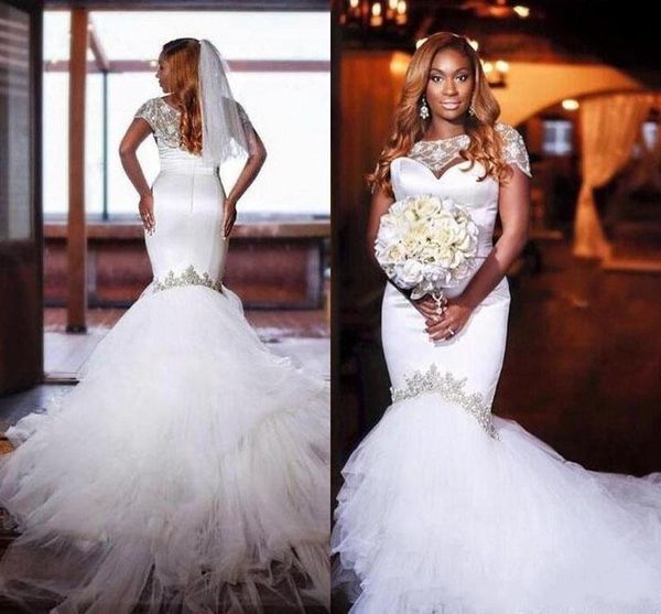 

elegant women's long mermaid v-neck beaded wedding dresses plus size white african tulle bridal gowns lace up custom made