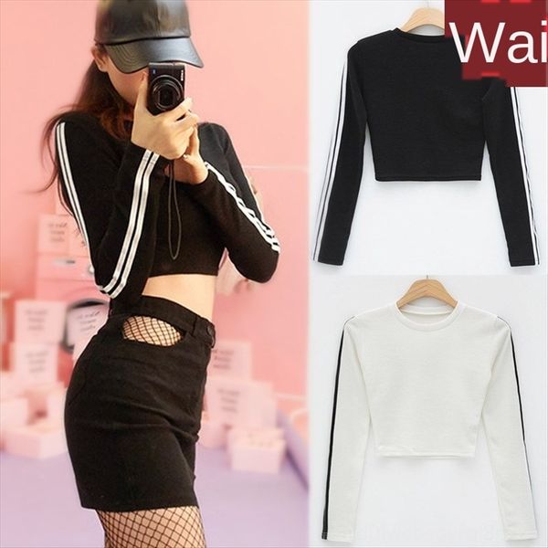 

summer and autumn jacket navel short tight t-shirt women's long-sleeved high-waist leakage navel fitness cudgel jacket, White