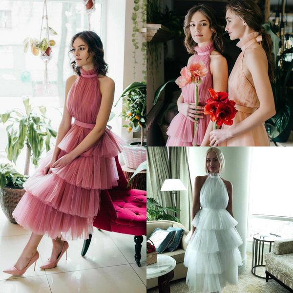 

elegant a line bridesmaid dresses for weddings collar neck tiered ruffle tea length wedding guest dress custom made sleeveless party gowns, White;pink