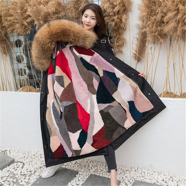 

2019 winter women's natural real raccoon fur collar hooded coat fur jacket sheep shearing long-sleeve outerwear coat a13, Black