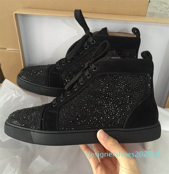 

red bottom sneaker designer studded spikes flats shoes luxury ankle boots casual shoes high real leather trainers with box d01, Black