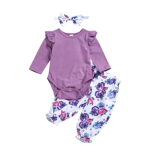 

newborn baby girl clothes long sleeve purple clothes and flower trousers and bow headband three-piece suit, White