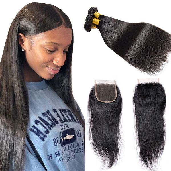 Brazilian Straight Human Hair 3bundles With Closure Natural Black