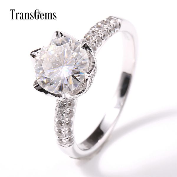 

transgems 14k white gold 2 carat diameter 8mm f color moissanite engagement ring for women solitare with accent y200620, Slivery;golden