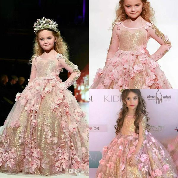 

luxury 3d flowers girl dresses jewel neck sequined long sleeve ball gown girls pageant dresses first communion gowns custom made, White;blue