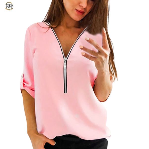 

winter womens t-shirts zipper girl fashion v-neck casual shirt ladies v neck zipper loose t-shirt female blusas tee top, White