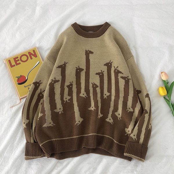 

2019 autumn and winter new neutral loose pullover color matching giraffe printing fashion want sweater knit yellow / gray khaki, White;black