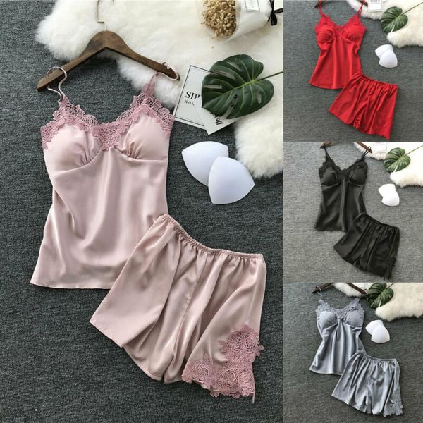 

2 pcs women pajama sets satin lace sleepwear babydoll lingerie nightdress v neck solid summer sleeveless ladies 2019, Black;white