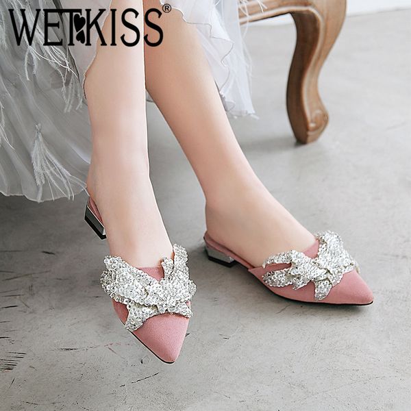 

wetkiss plus size 48 low heels slippers women pointed toe footwear crystal butterfly knot slides shoes female mules shoes woman, Black