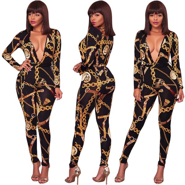 

deep v neck fashion print belted wrap jumpsuit women autumn casual jumpsuits rompers overalls for women elegant playsuits, Black;white