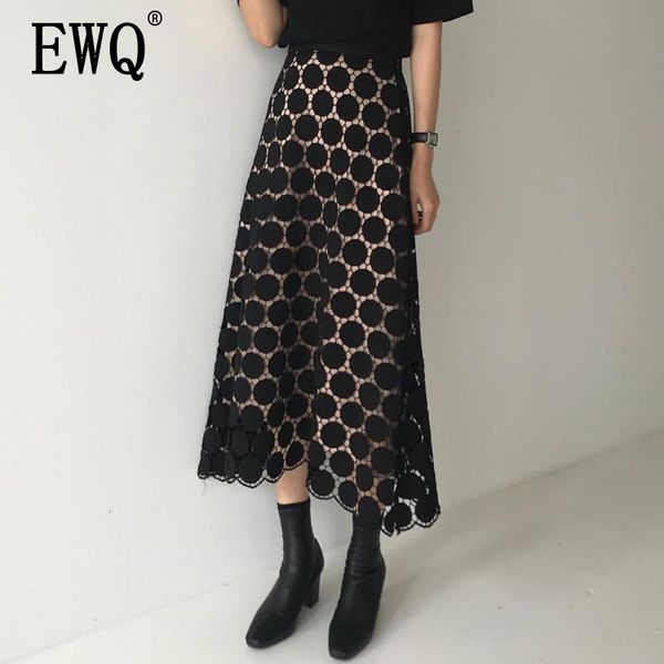 

ewq] 2019 spring summer new pattern high waist solid patchwork lace dot print mesh long loose high street skirt women ae40700l, Black