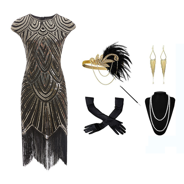 

1920s vintage dress and fringe woven sequined dress, Black;gray