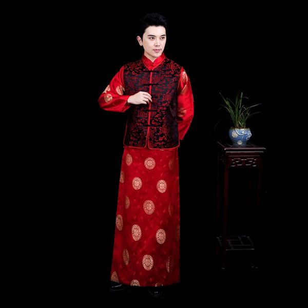 

male cheongsam chinese style costume man mandarin jacket long gown traditional chinese tang suit dress ethnic clothing film tv stage wear, Black;red
