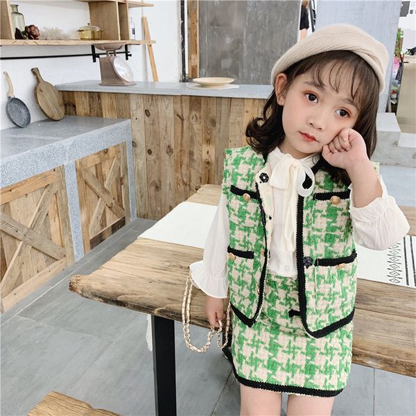 

2pcs wlg autumn girls clothing set baby green plaid vest and skirt set baby girl fsahion all match clothes t200414, White