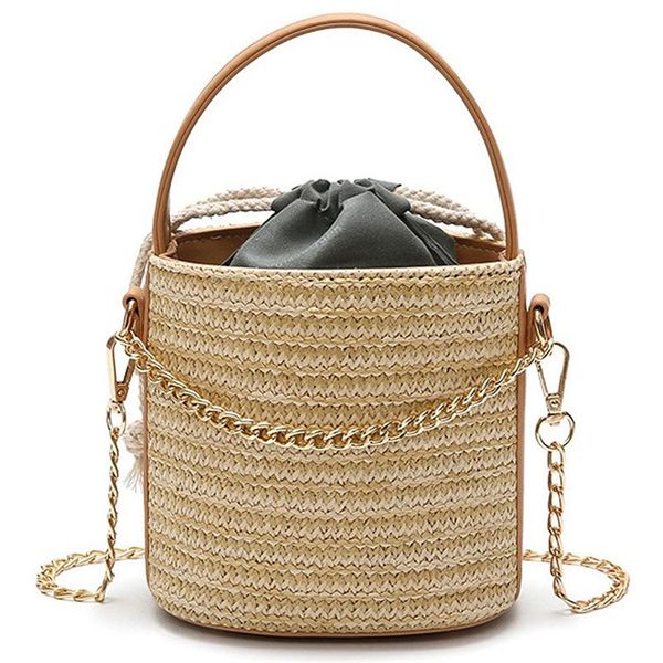 

women straw handbag tote summer holiday woven bucket bag leisure chain shoulder bag crossbody bag(khaki