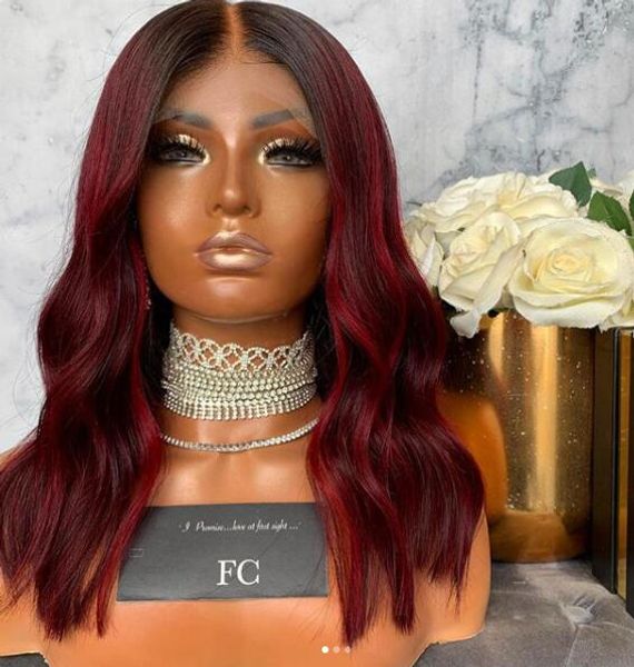 

ombre color short wave 1b/99j lace front human hair wigs with baby hair pre plucked remy brazilian lace bob wigs bleached, Black;brown