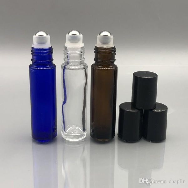 Grosso 1 / 3oz 10ML Garrafa de esfera de rolete de óleo essencial com rolo de aço inoxidável perfume de perfume recipientes de desodorante tubo claro âmbar azul