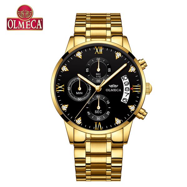 

olmeca 0878m men quartz watch 2019 stainless steel band fashion multifunction men's wristwatch 3atm luminous display chronograph, Slivery;brown