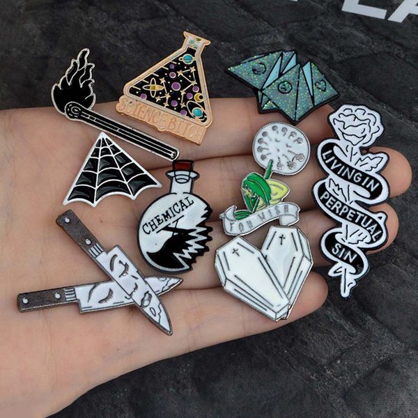 

dagger face origami game cobweb science beaker rose coffin heart matches enamel pins badge denim coat jewelry gifts brooches, Gray