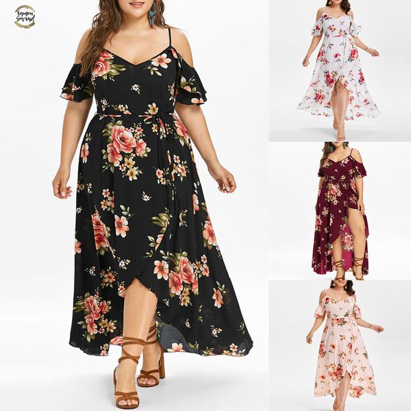 

5xl tall women v-neck vintage black flowers print plus size dress backless bandage lace up long irregular maxi dresses 325z, Black;gray
