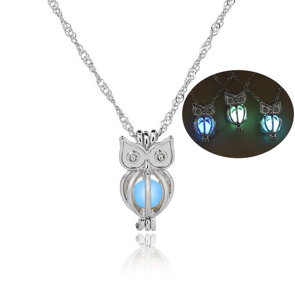 

wholesale new fashion luminous beads necklace multicolor hollow owl diy pendant necklace for women gift, Silver